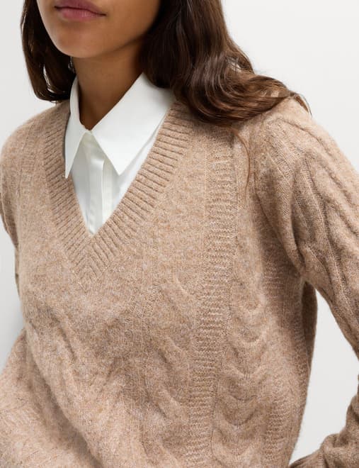 Textured Cable Knit V-Neck Jumper with Wool