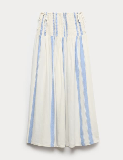 Linen Rich Shirred Tie Detail Maxi Skirt