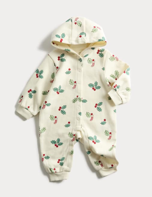 Cotton Rich Novelty Holly Print Hooded All in One (0 Mths-3 Yrs)
