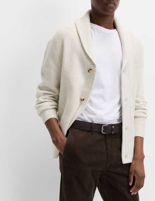 Air-Yarn Waffle Knit Shawl Neck Cardigan