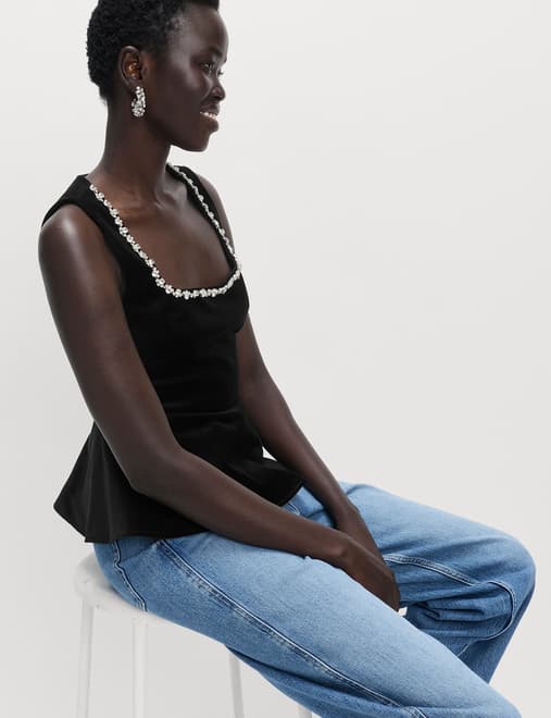 Velvet Embellished Detail Fitted Peplum Top