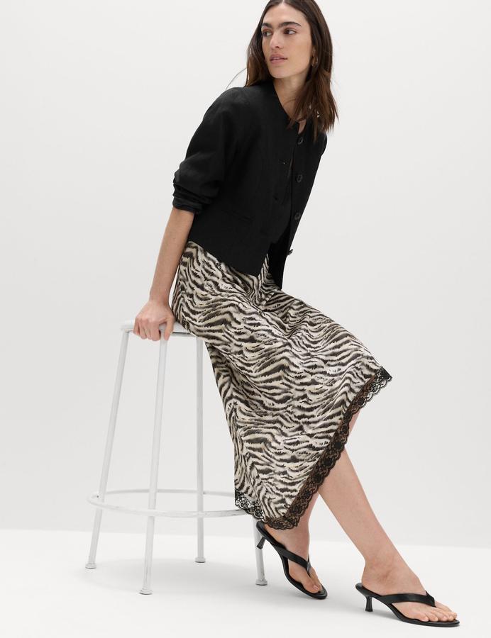 Zebra Print Lace Hem Asymmetric Midi Skirt