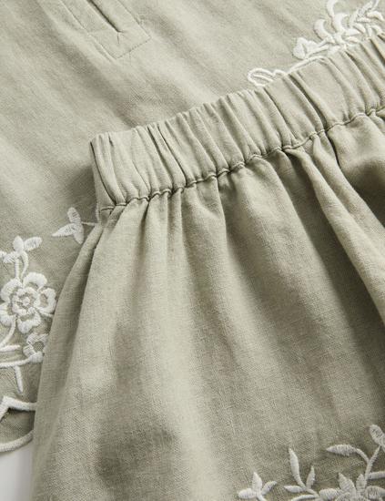 Linen Blend Embroidered Outfit (2-10 Yrs)