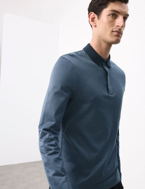 Pure Cotton Textured Long Sleeve Polo Shirt