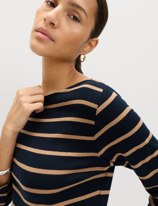 Pure Cotton Striped Slash Neck Slim Fit Top