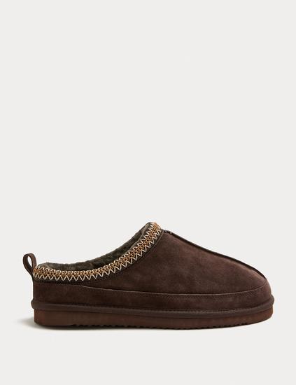 Suede Collared Embroidered Mule Slippers