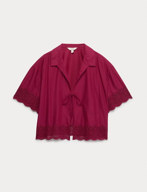 Pure Cotton Cutwork Detail Tie Front Shirt