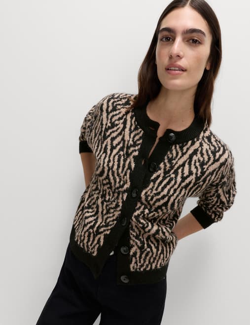 Animal Print Button Front Cardigan With Wool