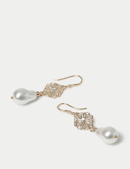 Fish Hook Filigree Pearl Drop Earrings