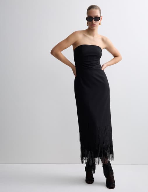 Wool Blend Embellished Tassel Midi Dress