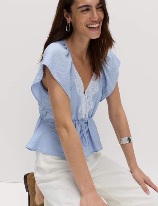 Lace V-Neck Ruffle Angel Sleeve Blouse