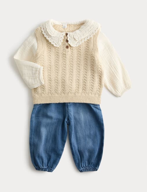 3pc Cotton Rich Knitted Vest Outfit (0-6 Yrs)