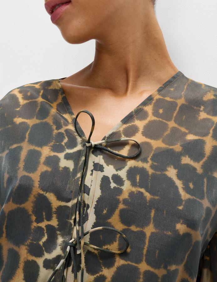 Organza Animal Print V-Neck Tie Front Top
