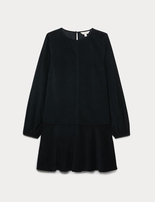 Corduroy Round Neck Mini Drop Waist Dress