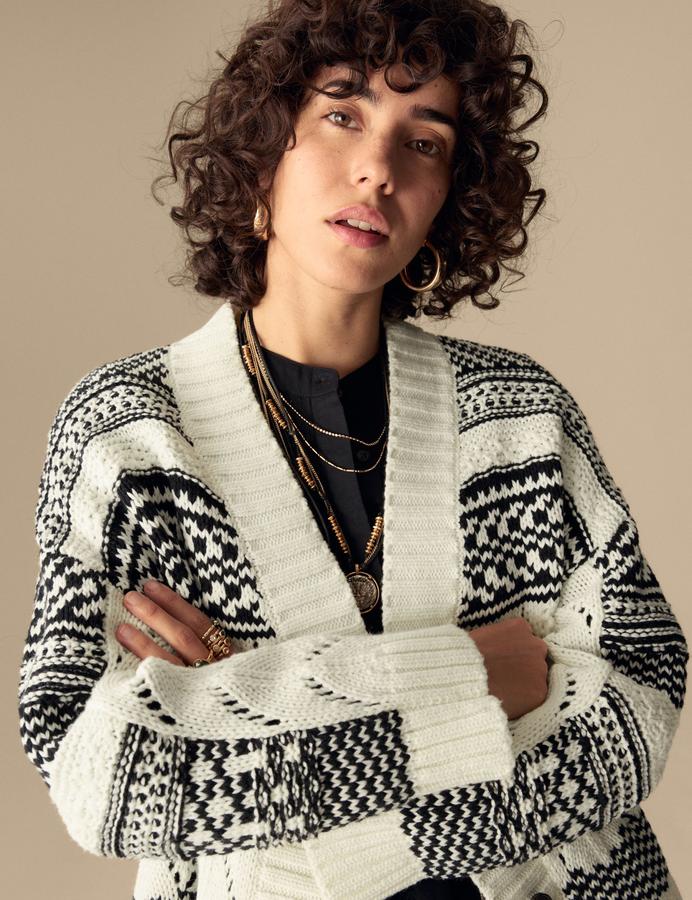 Cotton Rich Striped Textured V-Neck Cardigan