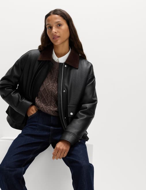 Faux Leather Padded Corduroy Collar Jacket