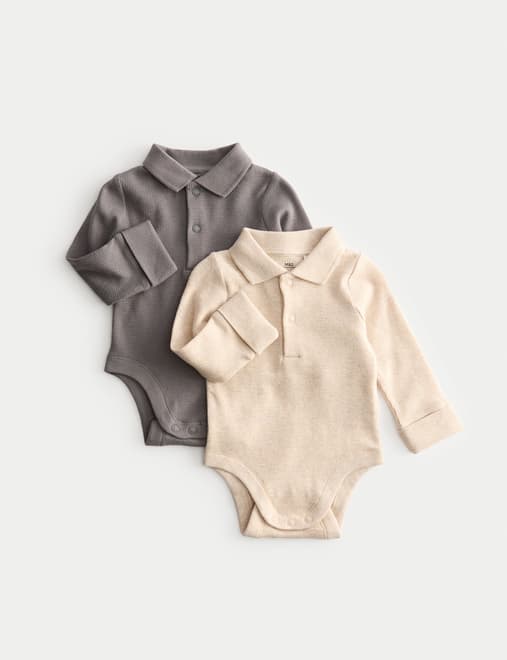 2 Pack Pure Cotton Long Sleeve Polo Bodysuits (0-3Yrs)
