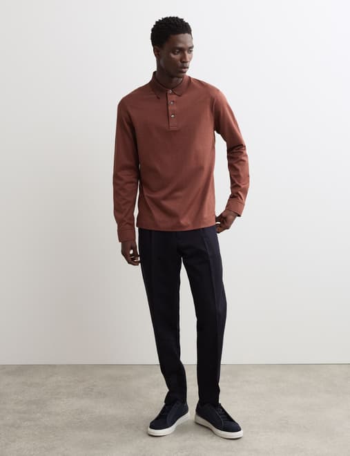 Pure Cotton Textured Long Sleeve Polo Shirt