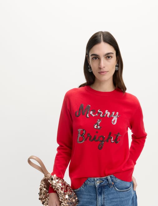 Air-Yarn Sequin Slogan Crew Neck Jumper