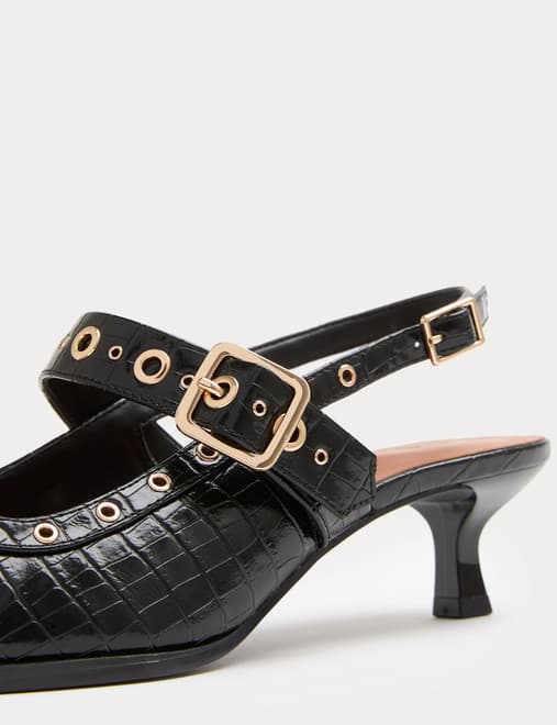 Croc Strappy Kitten Heel Court Shoes