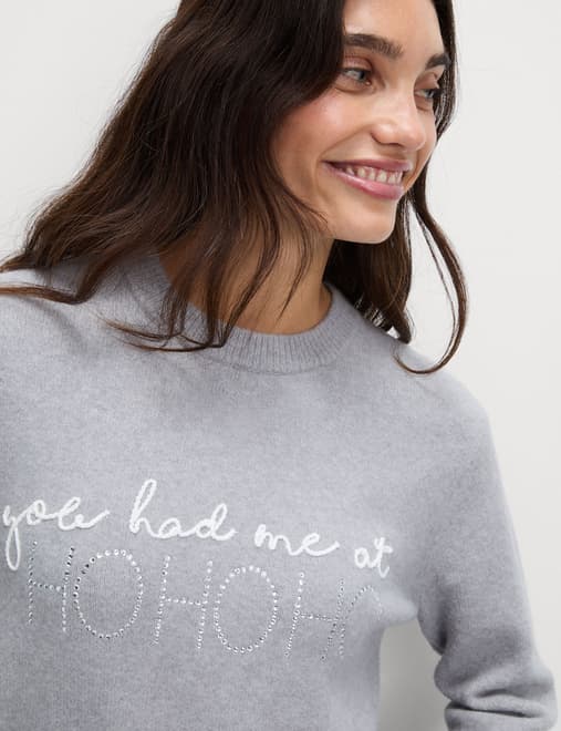 Slogan Crew Neck Jumper with Wool