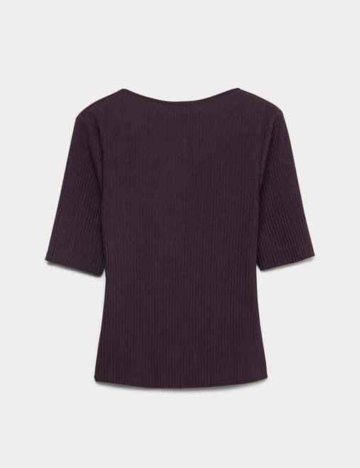 Ribbed Round Neck 3/4 Sleeve Top