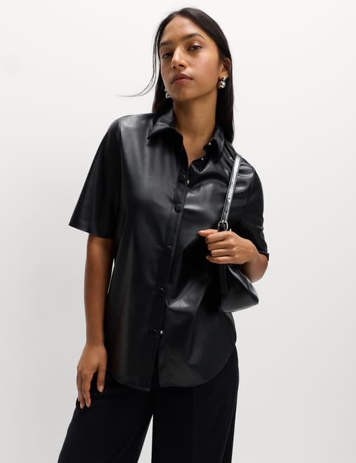 Faux Leather Collared Button Through Shirt