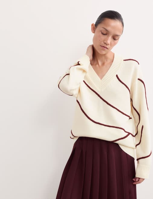 Merino Wool Embroidered Stripe V-Neck Jumper