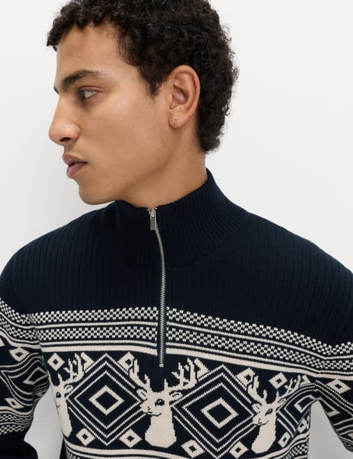 Pure Cotton Fair Isle Stag Half Zip Jumper