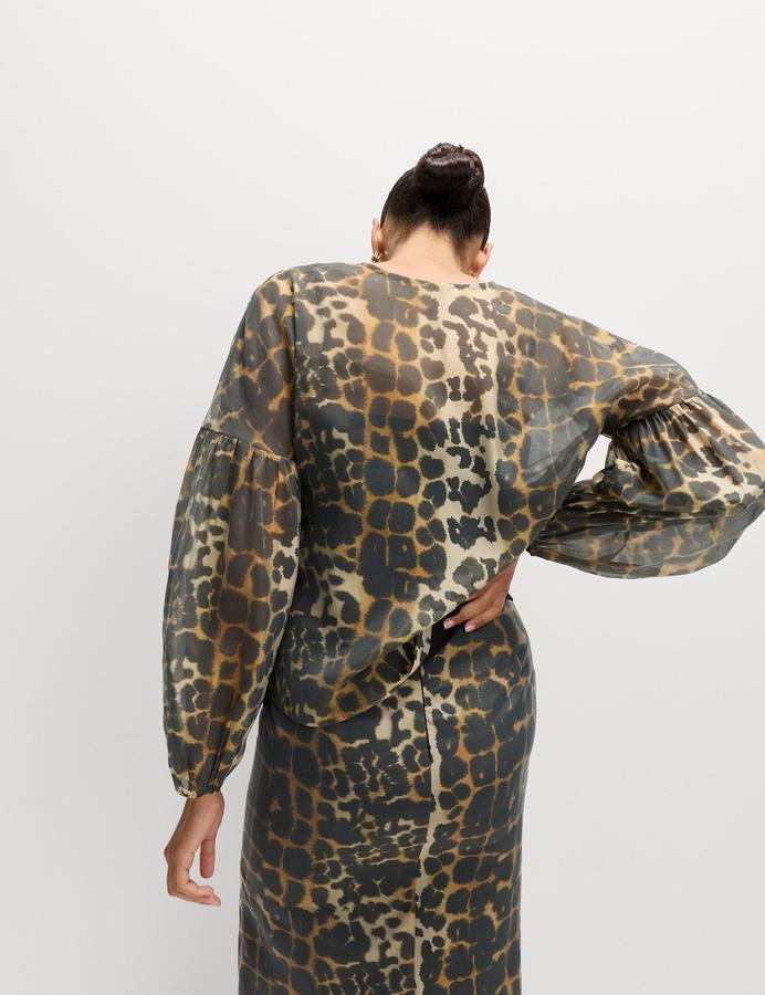 Organza Animal Print V-Neck Tie Front Top