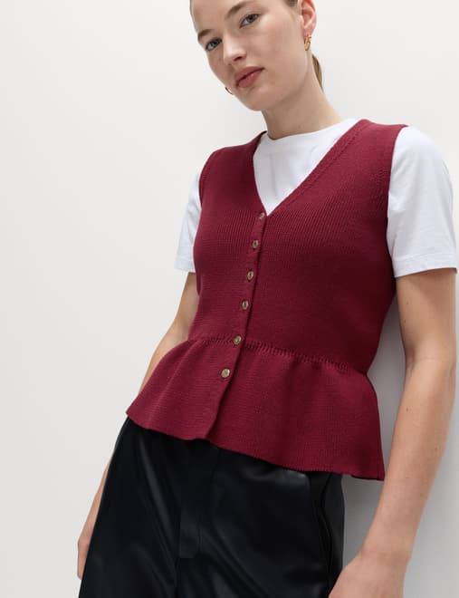 Soft Touch Peplum V-Neck Knitted Waistcoat
