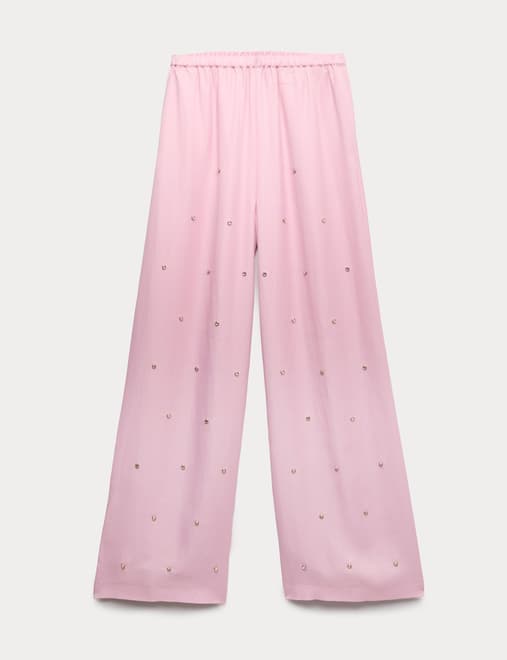 Satin Embellished Relaxed Straight Trousers