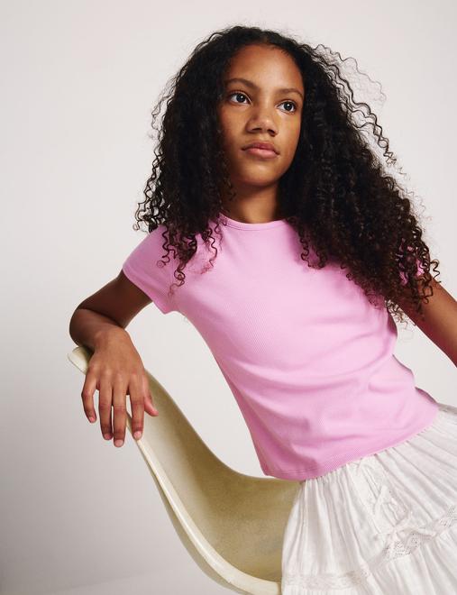 Cotton Rich Ribbed Fitted Crop T-Shirt (6-16 Yrs)