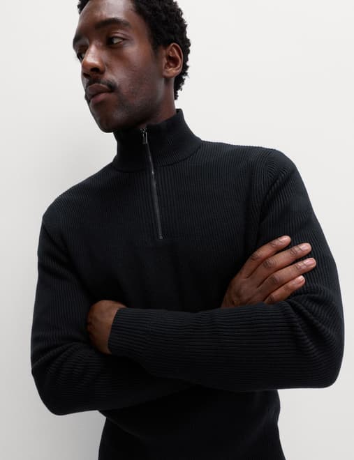 Cotton Blend Ribbed Half Zip Jumper