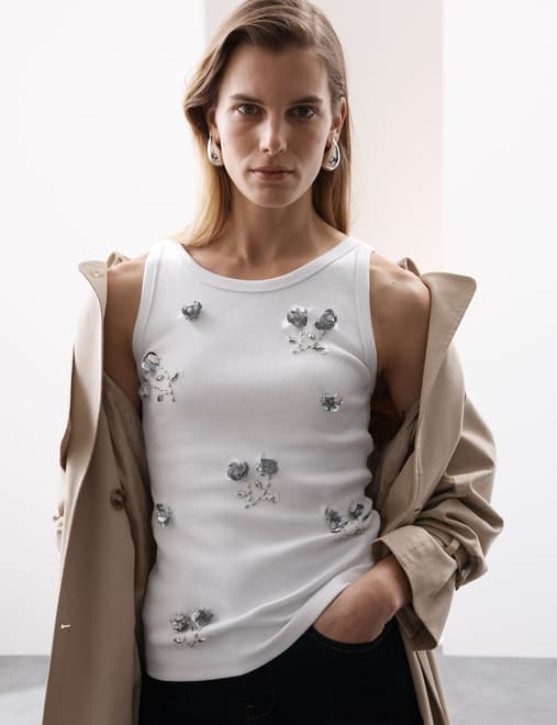 Cotton Rich Floral Embellished Vest