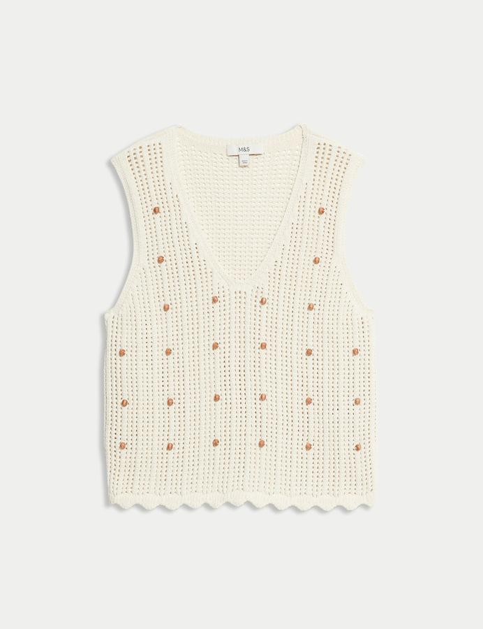 Cotton Blend Textured Slim Fit Cropped Vest