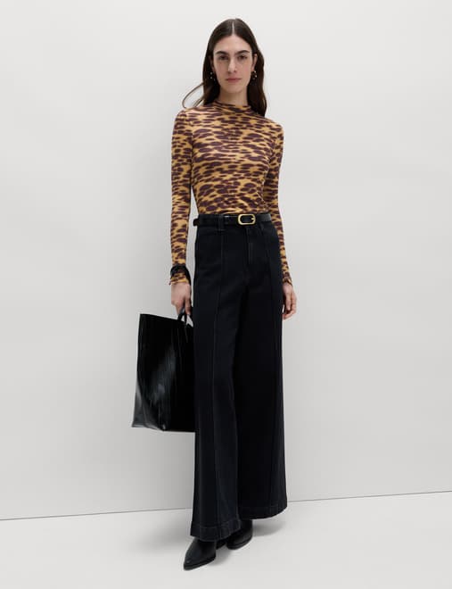 Jersey Leopard Print Roll Neck Fitted Top