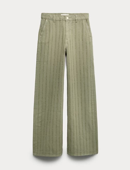 Pure Cotton Textured Denim Wide Leg Jeans