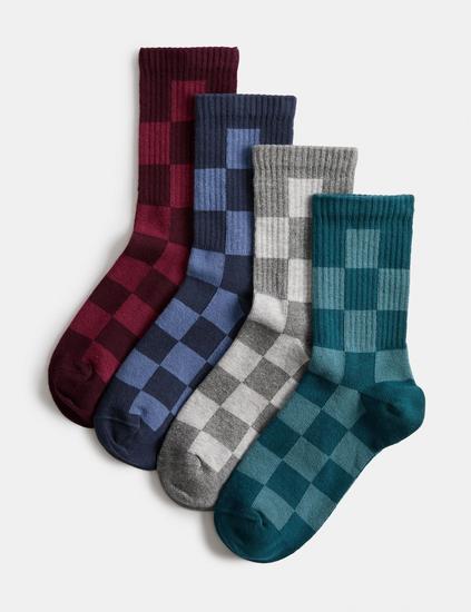 4 Pack Cotton Rich Checkerboard Socks (6 Small-7 Large)