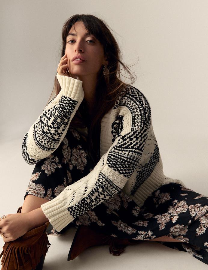 Cotton Rich Striped Textured V-Neck Cardigan