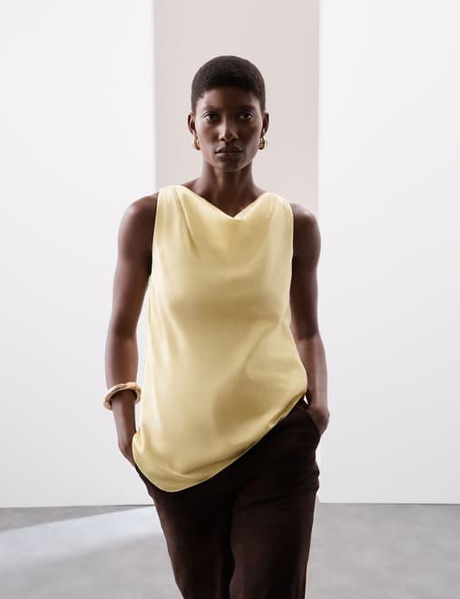 Cupro Rich Cowl Neck Asymmetric Draped Top