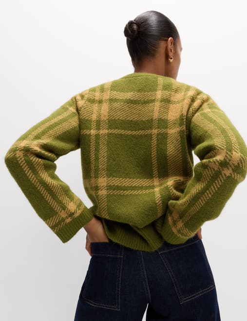 Checked Crew Neck Relaxed Fit Jumper With Wool