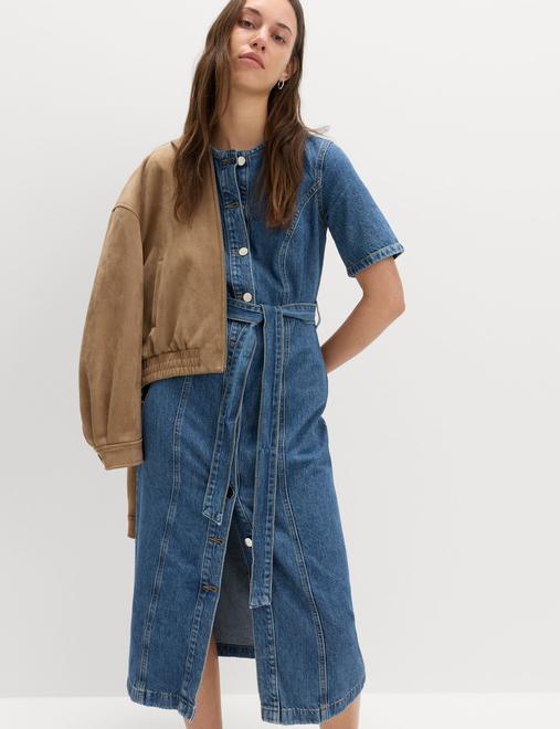 Denim Button Through Midi Waisted Dress