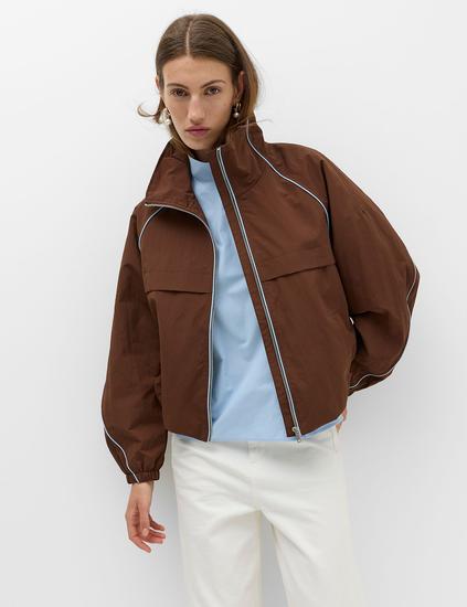 Contrast Piped Funnel Neck Windbreaker Jacket