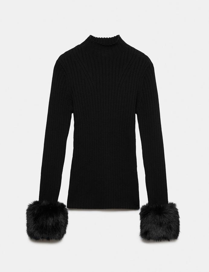 Pure Merino Wool Ribbed High Neck Fur Trim Jumper