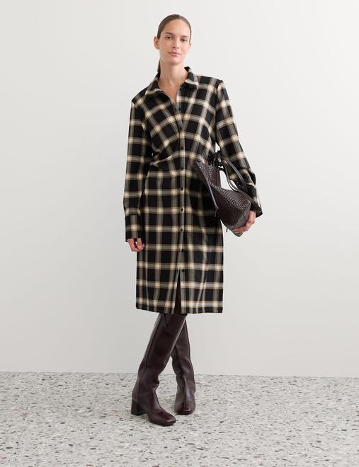 Wool Rich Checked Collared Midi Shirt Dress