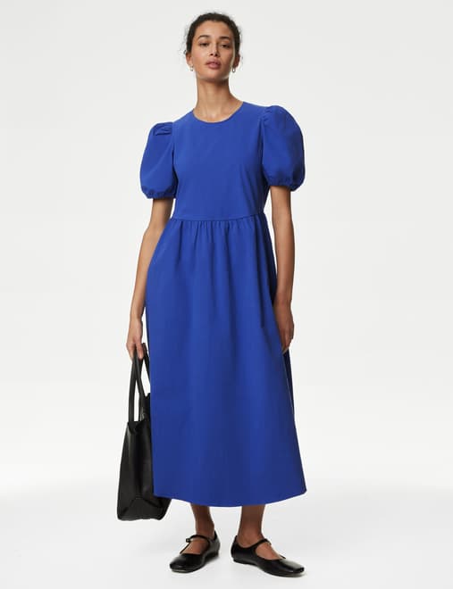 Cotton Rich Puff Sleeve Midi Column Dress