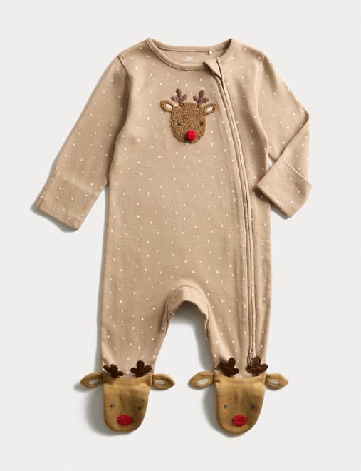 Pure Cotton Novelty Reindeer Sleepsuit (0-12 Mths)