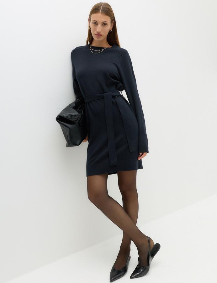 Air-Yarn Crew Neck Waisted Mini Knitted Dress