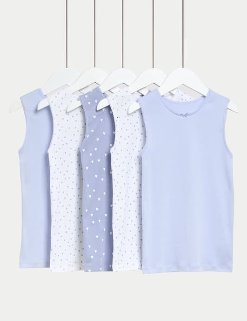 5pk Pure Cotton Heart Print Vests (2-14 Yrs)